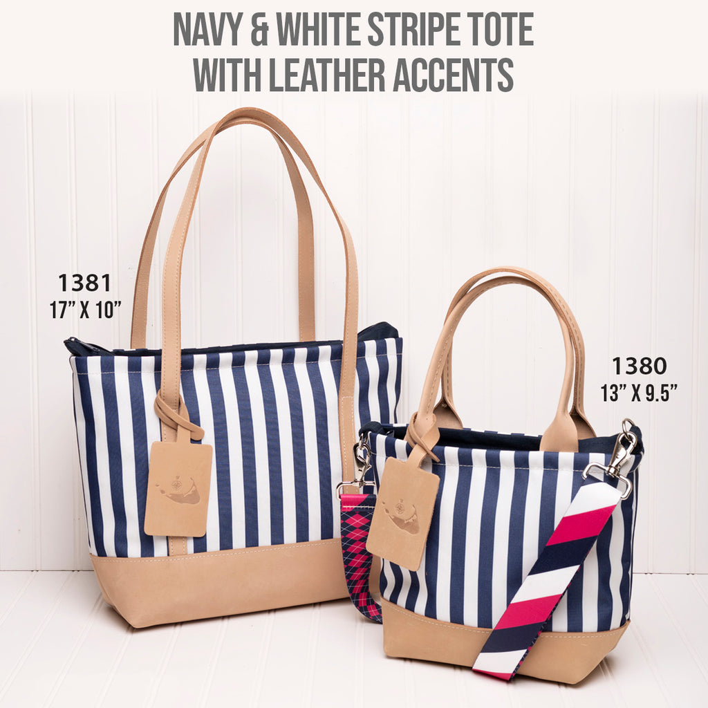 Navy & White Stripe Tote with Leather Accents